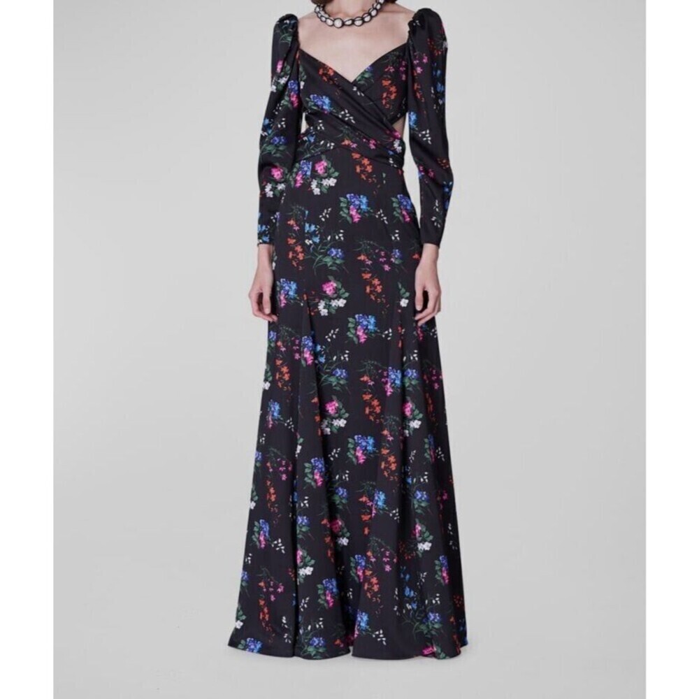 Carolina Herrera Floral Print Crossover Cutout Puff Sleeve Maxi Dress Gown 2 NWD